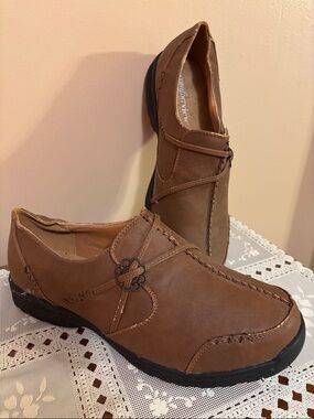 comfortview Brown Casual Leather-Look Flats with Decorative Button